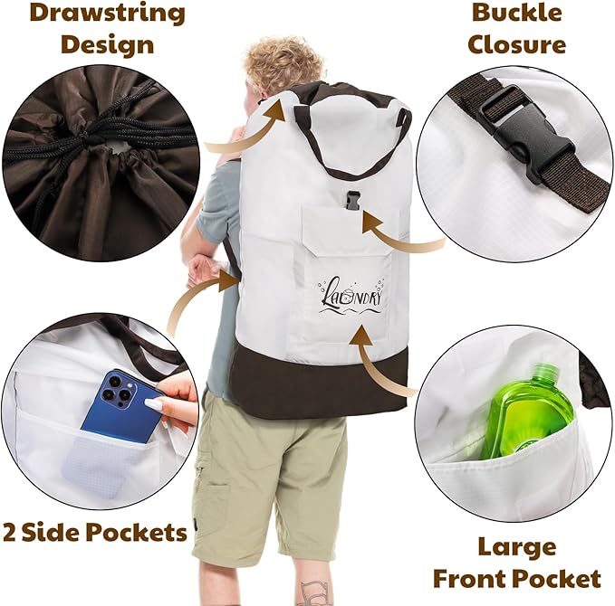 Backpack Laundry Bag, 125L Extra Large Travel Laundry Backpack, Waterproof Oxford Fabric Hamper Bag with Shoulder Straps, Extendable Dirty Clothes Bags for College Laundromat Apartment, Khaki