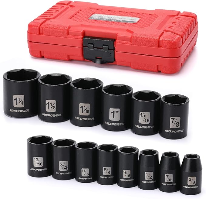 MIXPOWER 14 Pieces 1/2-Inch Drive Shallow Impact Socket Set, 3/8-Inch to 1-1/4 Inch, CR-V, SAE, 6 Point, Shallow, 14 Pieces 1/2" Dr. Shallow Socket