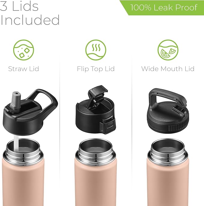 SipX™ Triple-Insulated Stainless Steel Water Bottle 18oz. With 3 Lids, BPA-Free Reusable Insulated Water Bottle Keeps Cold 24 Hours, Metal Water Bottle Made Of Sustainable Material For Hiking & Biking