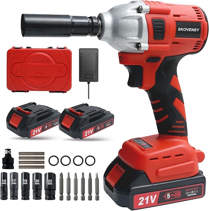 Cordless Impact Wrench, 2 Batteries, 1/2 Impact Gun, with 5 Sockets,Pistola de Impacto, Electric Impact Driver for Car Tires and Home RED-DDBS