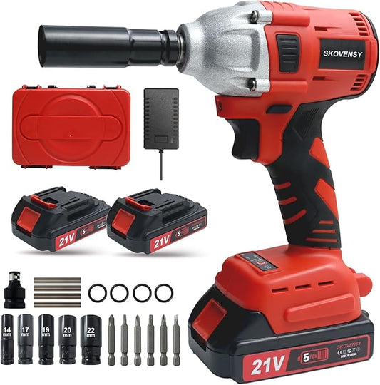 Cordless Impact Wrench, 2 Batteries, 1/2 Impact Gun, with 5 Sockets,Pistola de Impacto, Electric Impact Driver for Car Tires and Home RED-DDBS