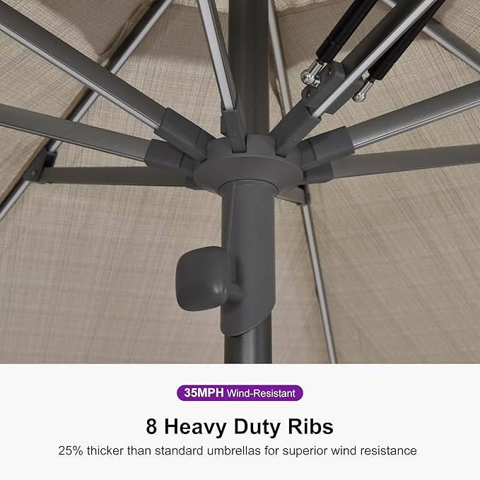 PURPLE LEAF 9 FT Semi-Auto Outdoor Patio Umbrella with Base Market Table Sun Umbrellas with 8 Aluminum Sturdy Ribs for Backyard Deck Garden Pool (Gray Pole Beige Canopy)