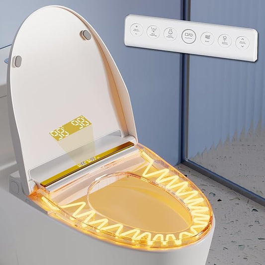 EPPLER Electric Bidet Toilet Seat with Warm Water, Heated Bidet Attachment for Toilet with Dryer, Self Cleaning Elongated Bidet with Remote Control, Gold Temp. Display