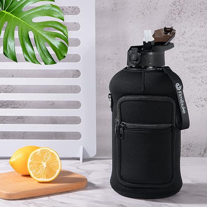 Fimibuke Half Gallon Water Bottle with Sleeve 64 OZ Water Bottle with Handle & Straw Leakproof Motivational Sports Gym Water Bottle with Time Marker BPA Free Water Jug with Reusable Neoprene Holder