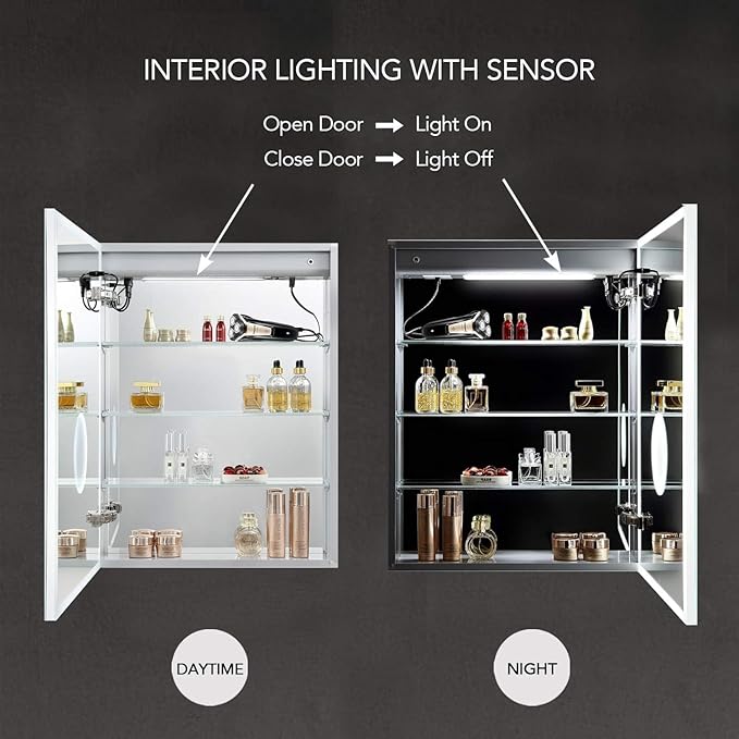 Blossom LED Lighted Mirror Medicine Cabinet, 24x32 Inch, Left Hinge | Recessed or Surface Bathroom LED Medicine Cabinet with Mirror, Defogger, 3 Color Dimmer | 3X Makeup Mirror, Outlets & USB Ports