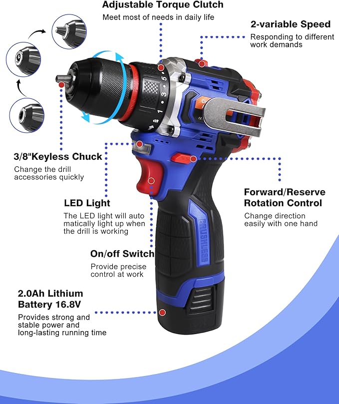 Aspro Cordless Drill Set, 16.8v Brushless Power Drill Cordless Drill with Battery and Charger, 2 Variable Speed, 3/8'' Keyless Chuck, Built-In LED, Versatile Small Drills for DIY Projects