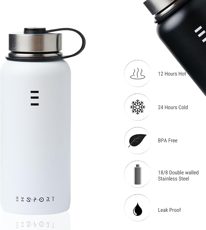 Stainless Steel Water Bottle - 32 Oz Water Bottle with Straw Lid, Coffee Lid, and Wide Mouth Lid - Double Insulated Water Bottle - Metal Water Bottle - Hot and Cold Insulated Thermos - (White)