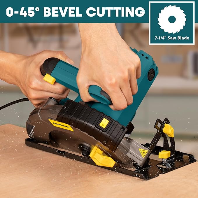 Enventor Circular Saw Corded, 14A Electric Circular Saws 7-1/4-Inch with Laser Guide, 2 Blade Saws (40T/24T), Max Cutting Depth 2-7/16"(90°), 1-13/16"(0°-45°), Single Handed Bevel, 5500RPM, Blue