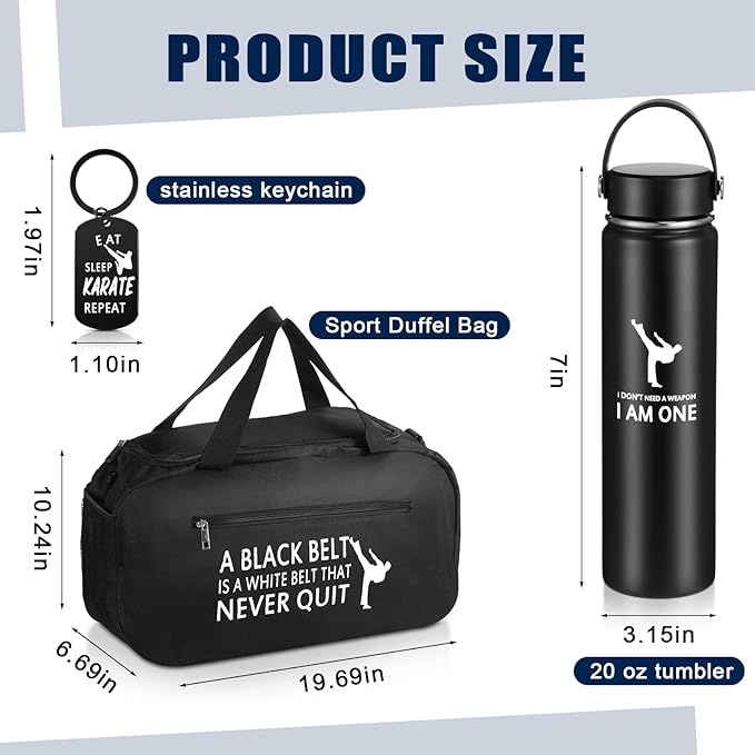 Layhit 3 Pcs Karate Gifts for Boy Girl Include Large Martial Art Duffel Bag 24 oz Stainless Steel Sport Water Bottle Karate Keychain Taekwondo Gifts for Sport Active Athletes Gym Back to School