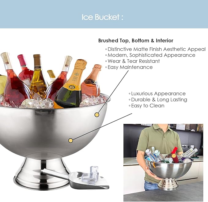 Winsterch 18/8 Stainless Steel Ice Bucket for Parties,Beverage Tub Party Bucket with Scoop,Banquet Champagne Ice Bucket Big Ice Bucket for Parties,Drink Chiller for Parties, Round,12QT (3 Gallon)