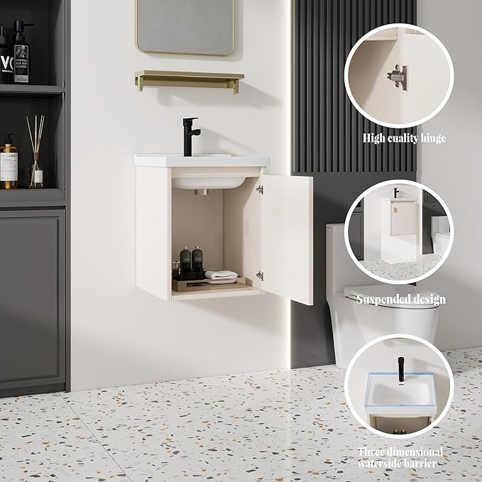 16'' Bathroom Vanity with Ceramic Sink Combo, Wall Mounted Small Bathroom Vanity with Soft-Close Door Modern Floating Cabinet, Pop-up Drain, P-Trap Included, Khaki(No Faucet)