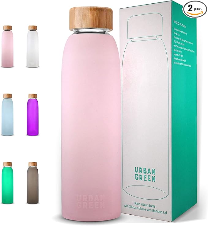 Urban Green Glass Water Bottle with Protective Silicone Sleeve and Bamboo Lid, 18oz, 1extra 304 Stainless Steel Lid with Handle, BPA Free, Dishwasher Safe, Valentine Gift