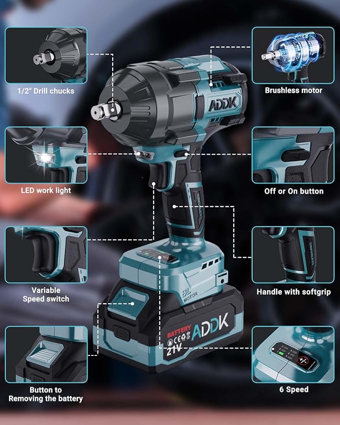 21V Cordless Impact Wrench Kit, 1200Ft-lbs (1600N.m) 1/2" Brushless Impact Gun with 6 Mode Speed, Electric 2600RPM High Torque Power Impact Driver for Car Truck Mower (1600Nm)