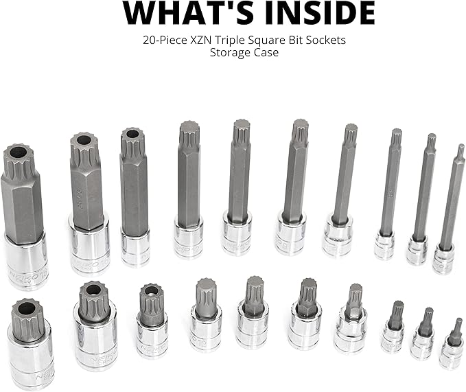 NEIKO 10057A XZN Triple Square Bit Set, 20-Piece, Extra Long 4" Spline Socket, 4mm to 18mm, 12 Point Tamperproof, Square Drive, S2 & Cr-V Steel