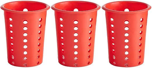 OCS Parts Perforated Utensil Drying Cups | Red | Set of 3 | Plastic Flatware Holder Cylinders for Kitchen Counter Organization