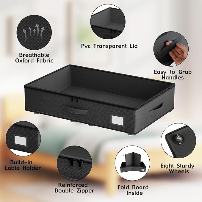 Underbed Storage With Wheels, No Assembly Required - 5.5 Inch Height Black Underbed Bins, Low Profile Rolling Shoe Storage Containers for Dorm