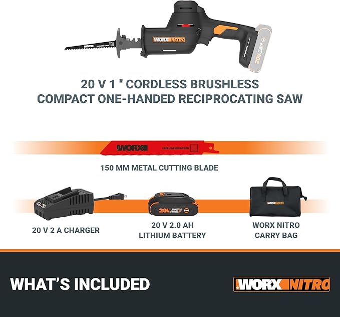 WORX 20V Compact Electric Cordless Reciprocating Saw, 1” Stroke Length, Brushless Motor for 50% Longer Runtime, Lightweight Design for One-handed Operation –Battery & Charger Included WX501L