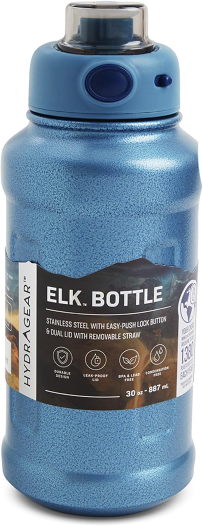 Elk Stainless Steel Bottle with Easy-Push Lock Button and Dual Lid with Removable Straw - 30 Oz - Rustic Ocean