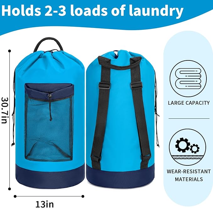 Laundry Bag Backpack with Shoulder Straps and Mesh Pocket Foldable Laundry Hamper for College, Apartment, Laundromat (Blue)