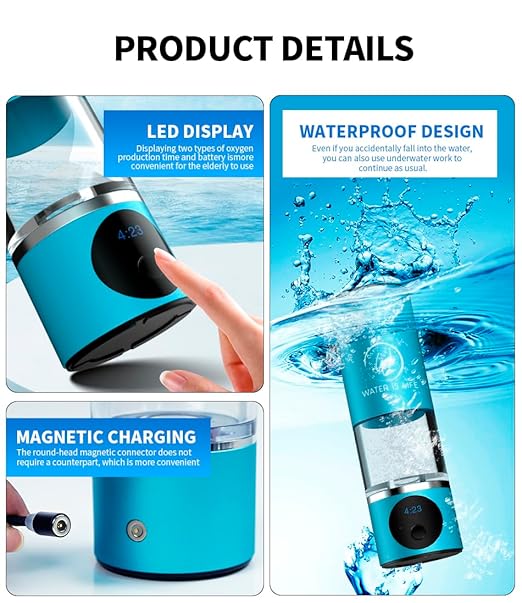 WATER IS LIFE Premium Waterproof Hydrogen Water Ionizer Bottle with LED Light, Magnetic Charging Port, 6000 ppb Hydrogen Content, SPE Electrolysis Technology, Bottom Vent to Discharge Gases (Blue)