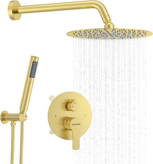 12 Inch Brushed Gold Shower System - High Pressure Rain Shower Head, Handheld Showerhead, and Wall Mounted Faucet Set