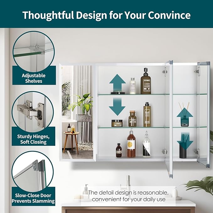 Movo Double Doors Medicine Cabinet with Mirror, 36 inch X 26 inch Aluminum Bathroom Medicine Cabinet, Adjustable Glass Shelves, Waterproof and Rust-Resist, Recess or Surface Mount Installation,Silver