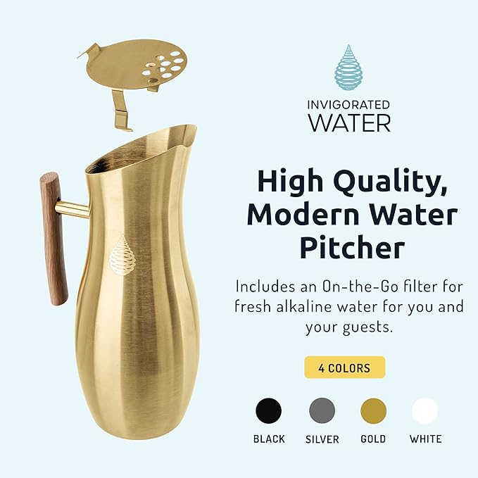 Invigorated Water Alkaline Water Filter Pitcher - Stainless Steel - Pitcher Filters - Tap Water Purifier with High pH Filter - Water Filter Remove Fluoride - 1.9L (Gold)