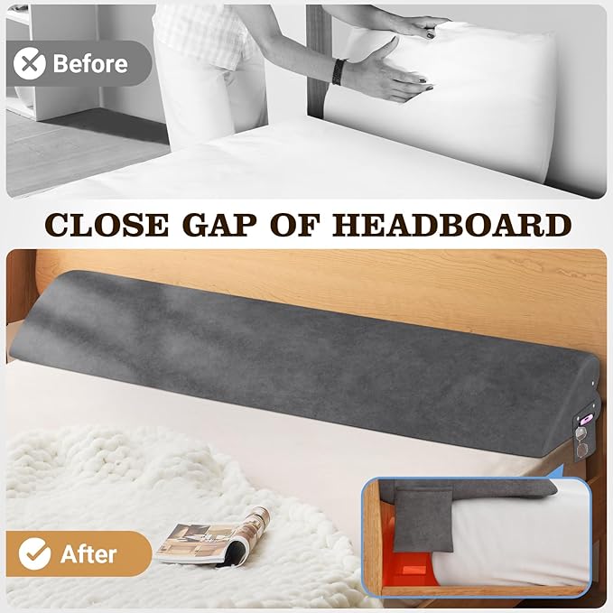 Heart-Shaped Bed Wedge Pillow for Headboard Gap with Adjustable Pocket, Grey Bed Gap Filler (0-8"), Headboard Bed Pillow Wedge, Mattress Gap Filler Queen(60"x10"x5")