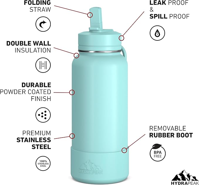 Hydrapeak 32oz Sport Insulated Water Bottle with Straw or Chug Lid, Leak & Spill Proof, Keeps Drinks Cold for 24 Hours, Hot for 12 Hours, Premium Stainless Steel Water Bottles (32oz, Aqua)