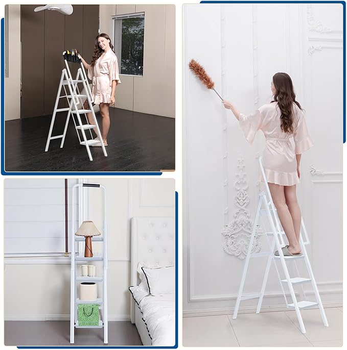 Double Elite Step Ladder 5 Step Folding with Handrails, Safer 5 Step Ladders for Home, Convenient Folding Step Stool with Tool Bag, Sturdy Indoor/Outdoor Ladder for Adults Anti-Slip Pedals, White