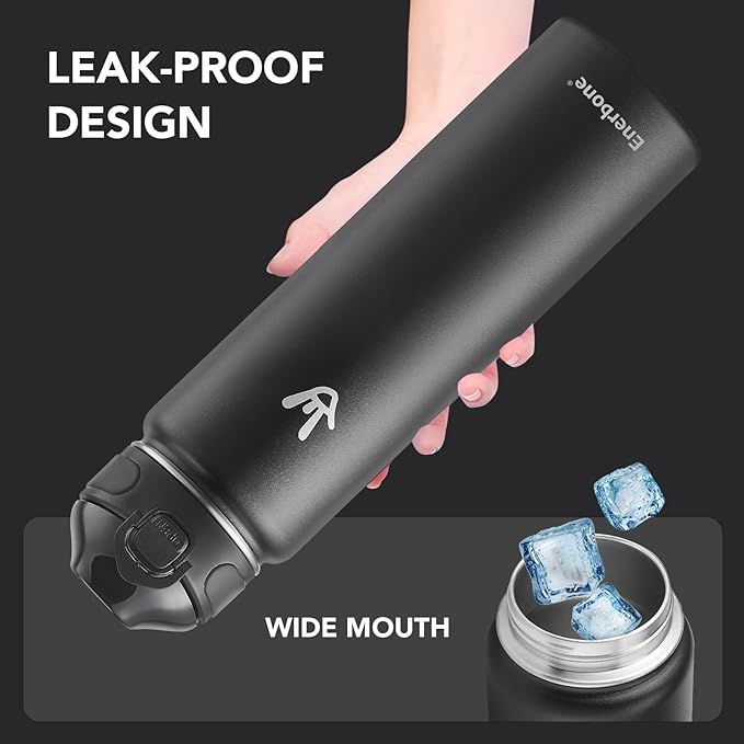 Enerbone Insulated Water Bottle, 32 oz Stainless Steel Water Bottles with Carrying Strap, Double-Wall Vacuum Insulation Thermos, Leakproof Sports Bottle with Straw, Keep Drinks Hot or Cold for Hours