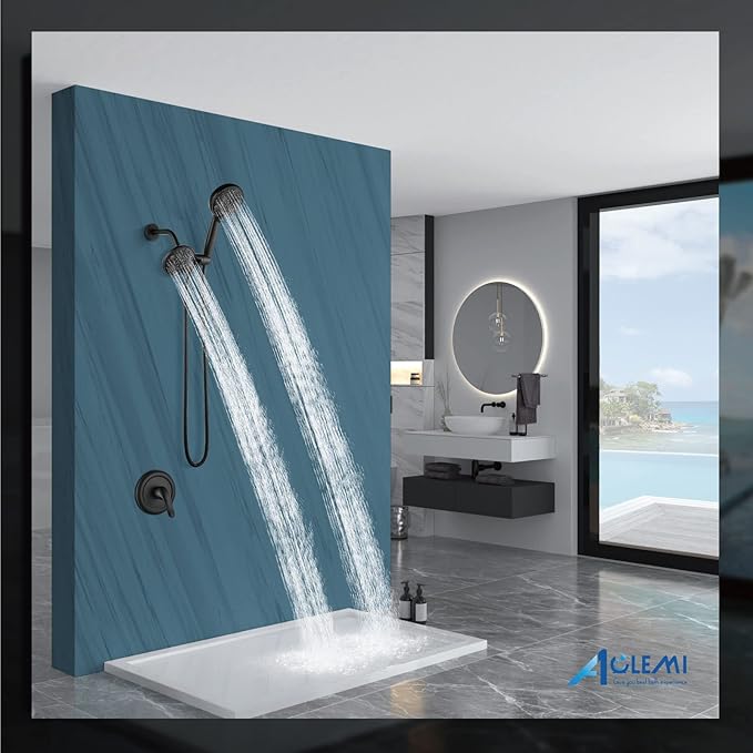 Aolemi Shower Faucet Set Rain Shower Head System Shower Trim Kit Pressure Rough-in Valve Included ABS 8 Setting Dual Shower Head and Handheld Spray Matte Black