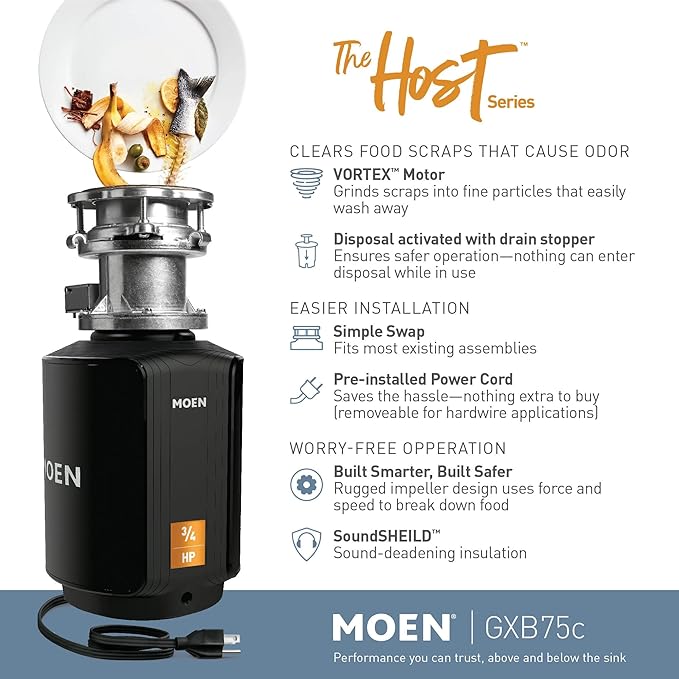 Moen Host Series Garbage Disposal for Kitchen Sink with Power Cord, Control Activation, Sound Reduction, GXB75C