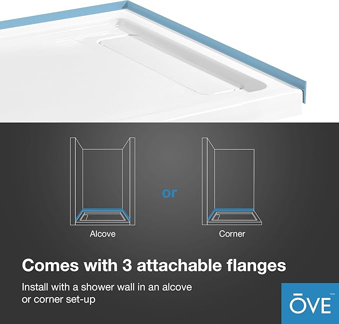 OVE Decors 60-in W x 34-in D Shower Base Pan Rectangle, Hidden Side Drain, White Acrylic, Reversible Design