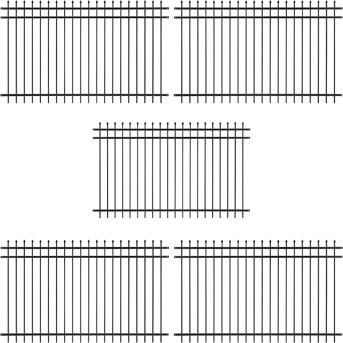 Fencer Wire Pack of 5 Heavy Duty Pinnacle Fence Barrier Panel, 5FT Height X 8FT Width Anti-Rust Metal Fencing Panel, 2” Diameter Steel Outdoor Decorative Garden Fence Panel for Yard, Pool, Patio