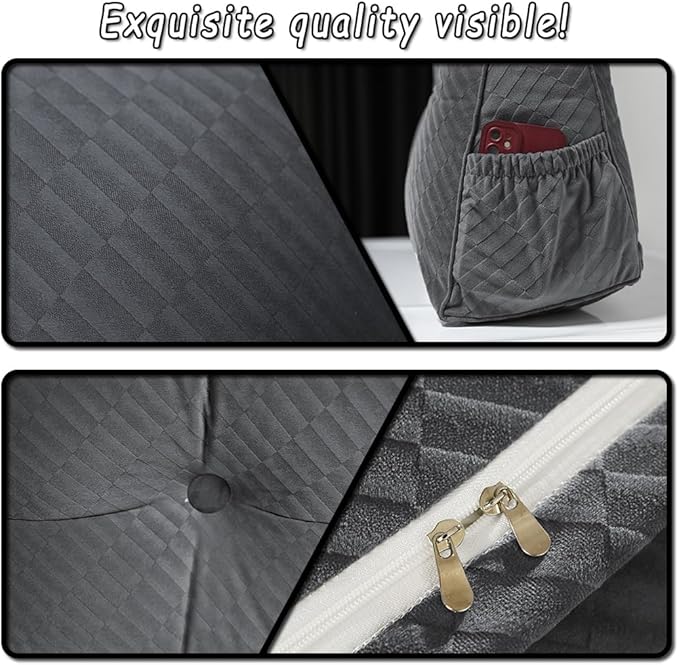 Gradient Velvet Triangular Wedge Pillow, Removable Cover Headboard Pillow for Daybed, Backrest Positioning Support Pillow Cushion Resting Reading Relaxing (Grey, King(76 * 20 * 8in))