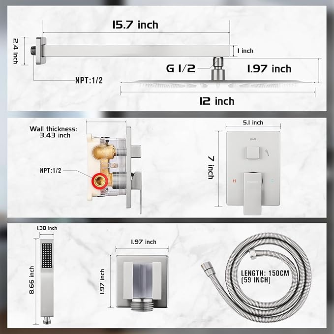 12 Inch Rainfall Shower System - Wall Mounted Complete Combo with Solid Brass Pressure Balancing Valve, High Pressure Shower Head, Handle Set & Installation Accessories Nickel