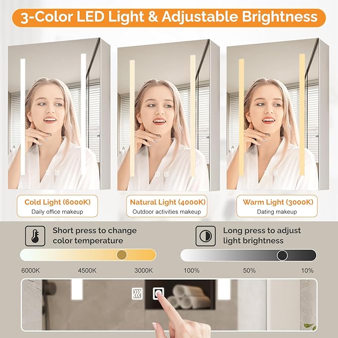 VINGLI 16Inch Medicine Cabinet with Lights, Lighted Medicine Cabinet with Mirror, Led Wall Mirror with Storage for Bathroom,Wall Mounted,3-Color Memory Mode Light，White,5.9" D x 15.75" W x 23.6" H