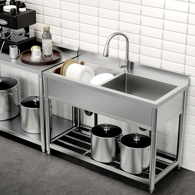 2-Compartment Commercial Sink, Stainless Steel Utility Sink with Pull-out Faucet, Free Standing Double Bowl Kitchen Sink for Restaurant, Garage, Shop, Cafe, Outoor, 21.7"D x 47.2"W x 37"H