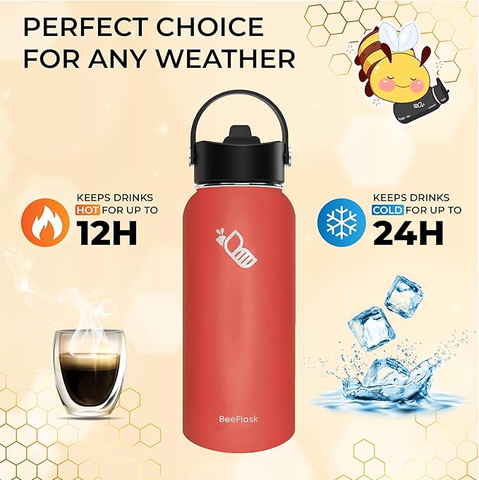 Sports Water Bottle - 32 Oz, 3 Lids (With straw), 50 Cute Stickers, Vacuum Insulated, 308 Stainless Steel, with a Portion of Sales Supporting Bee Conservation Efforts (Watermelon)