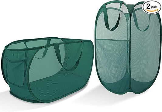 Upgraded Extra Large Mesh Pop Up Laundry Hamper 2 Pack, 100L Foldable Laundry Baskets, Dirty Clothes Hamper with Handles, Collapsible Hampers for Laundry Travel, Dorm or Home. Green