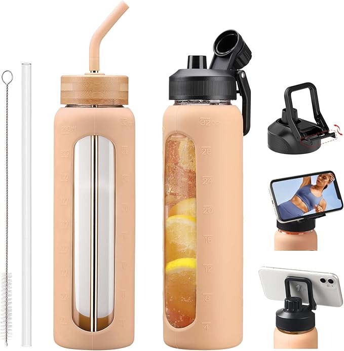 Glass Water Bottles with Straw -32oz- Water Bottle Phone Holder for Gym Large Motivational Water Bottle with Time Marker Glass Drinking Bottles 2 Lids - Spout & Bamboo Straw Lid(Amber)
