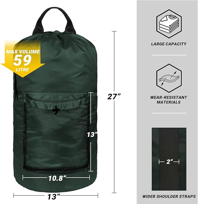 Laundry Bag with Shoulder Straps and Mesh Pocket Laundry Backpack Large Portable Laundry Hamper for College Laundromat Apartment (Green)