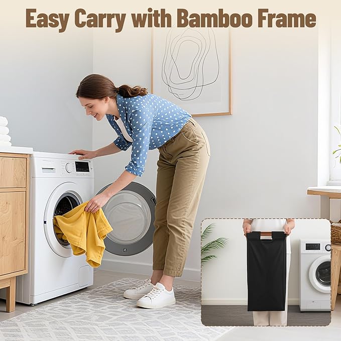 Bamboo Laundry Hamper 3 Section with Lid, 150 L Laundry Sorter with Pull-Out Removable Washable Bags, 3 × 12.5 Gal Divided Laundry Baskets for Laundry Room, Bathroom (Black)