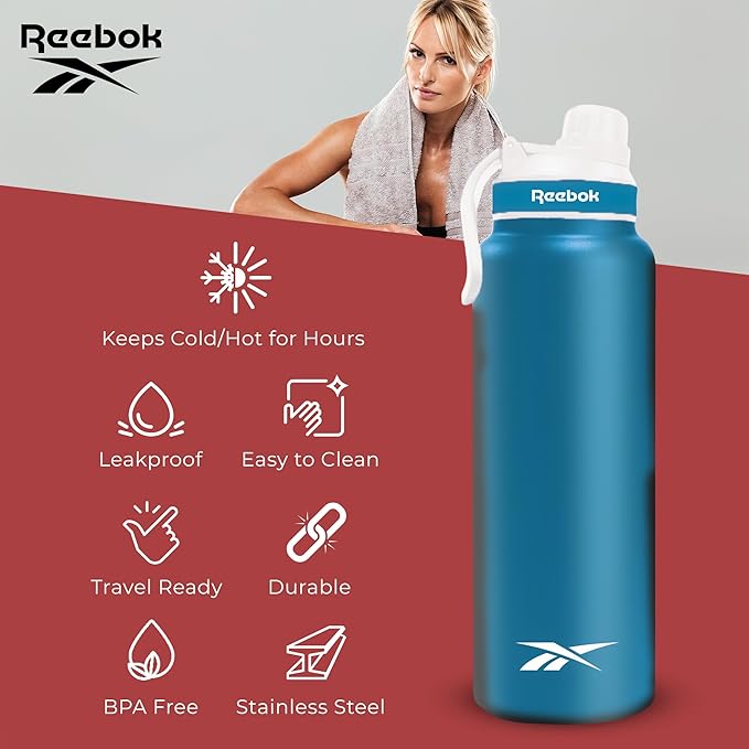 Reebok Athletic Stainless Steel Water Bottle - Insulated Water Bottle 32 oz With Chug Lid - Double Wall Vacuum Insulated Sports Water Bottle, BPA Free