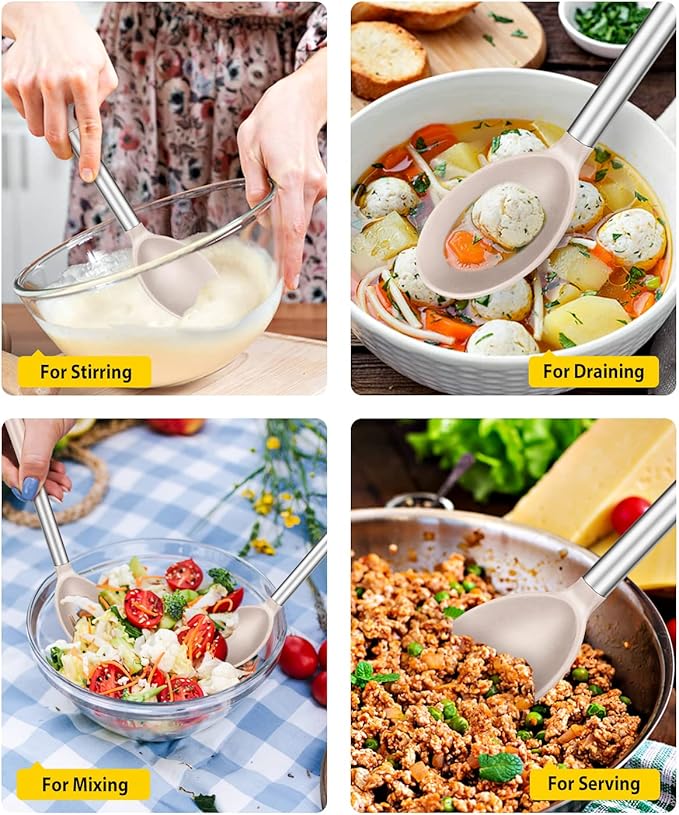 Pack of 2 Large Silicone Cooking Spoons,Non Stick Solid Basting Spoon,Heat-Resistant Kitchen Utensils for Mixing,Serving,Draining,Stirring (STAINLESS STEEL KHAKI)