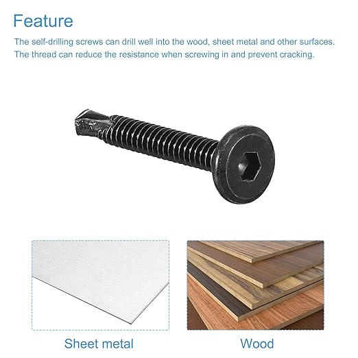 uxcell Hex Socket Self Tapping Screws, #10 x 1-1/2" 410 Stainless Steel Sheet Metal Flat Head Drilling Screw 50pcs, Black