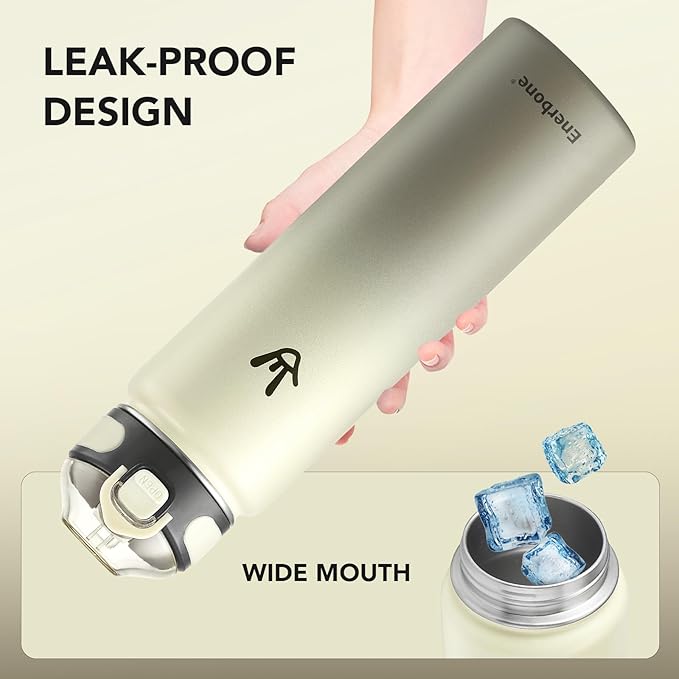 Enerbone Insulated Water Bottle, 32 oz Stainless Steel Water Bottles with Carrying Strap, Double-Wall Vacuum Insulation Thermos, Leakproof Sports Bottle with Straw, Keep Drinks Hot or Cold for Hours