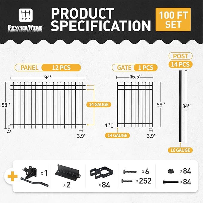 Fencer Wire 100FT Heavy Duty Anti-Rust Pinnacle Fence Barrier Kit, Metal Steel Fence w/ 5FT Height & 8FT Width Panels, Gate, Posts, and Connectors, 2” Diameter Outdoor Fencing for Yard, Pool, Patio