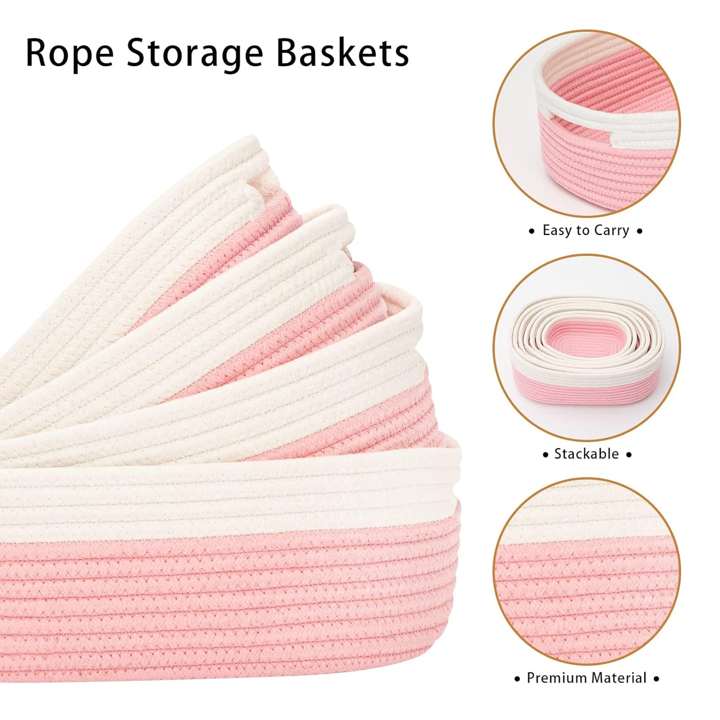 7 Piece Cotton Rope Woven Basket Set - Small Basket for Baby Nursery, Pets, Montessori, Dog & Cat Toy Boxes, Bathroom Organization Bins (White/Pink)